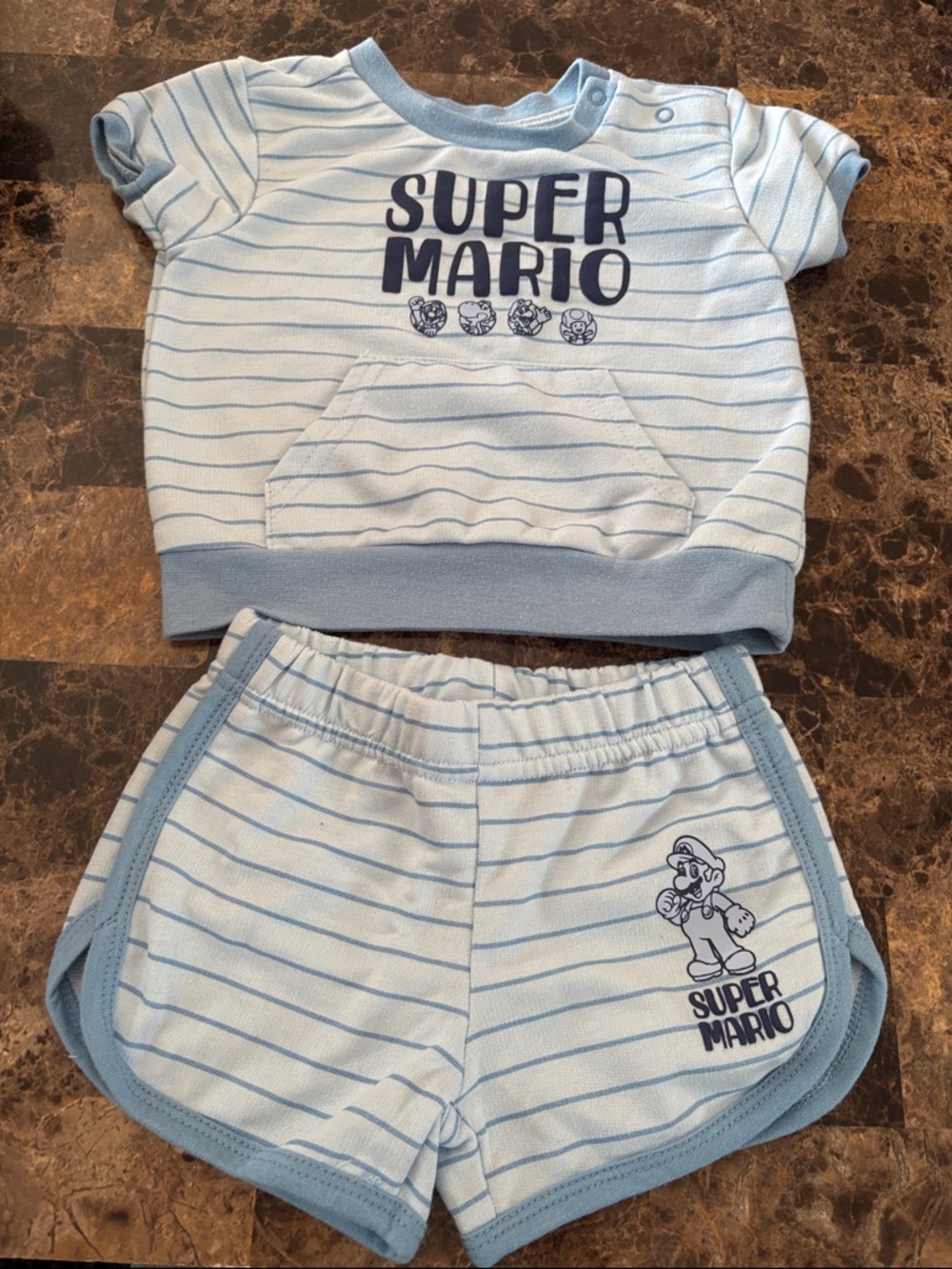 Nintendo Super Mario Light Blue and Navy Striped Baby Shirt and Shorts set